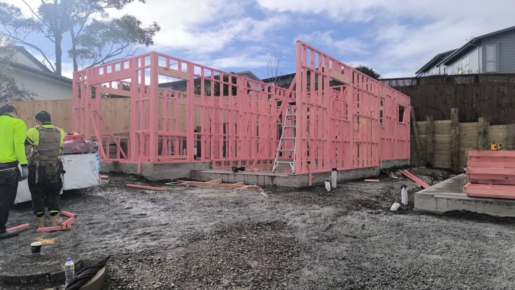 Erected timber wall framing on a new foundation